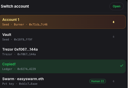 Account switcher showing Copied! after double-clicking a Ledger address