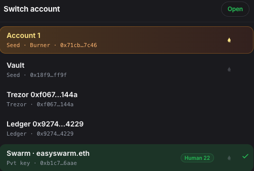 Account switcher with a Human 22 Passport badge on Swarm, plus seed, Trezor, and Ledger accounts