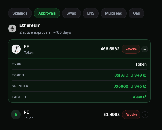 Approvals tool listing token allowances with Revoke buttons and spender addresses