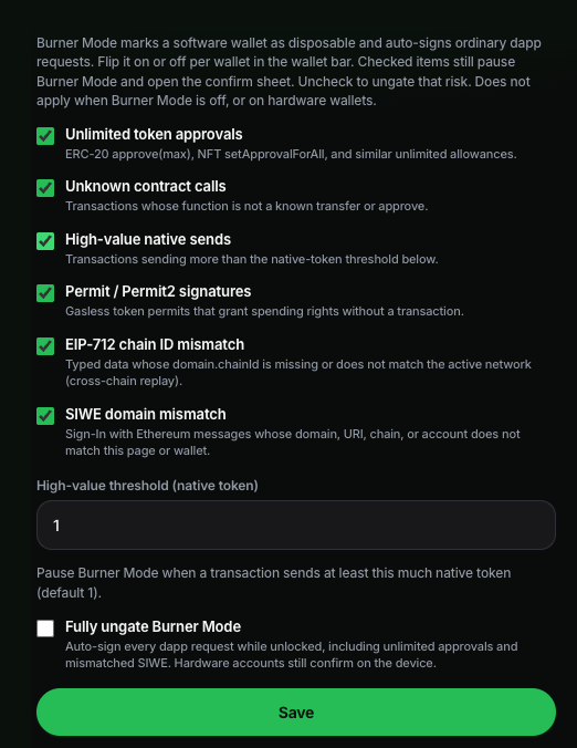 Burner Mode settings with gates for unlimited approvals, unknown calls, high-value sends, permits, and domain mismatches