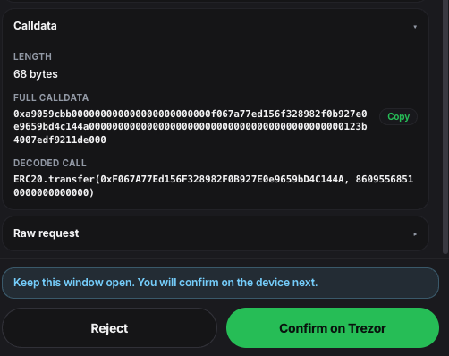 Confirm sheet calldata for an ERC-20 transfer with Reject and Confirm on Trezor buttons