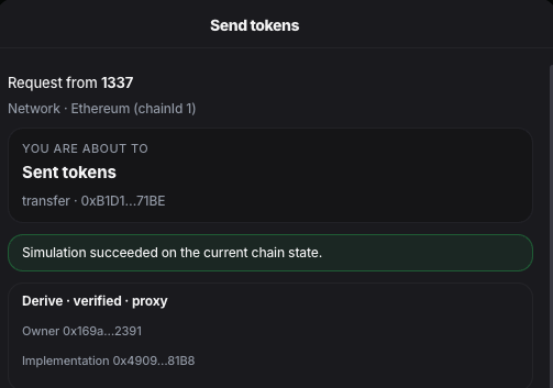 1337 confirm sheet summarizing a token transfer, with a successful simulation and Derive marked as a verified proxy