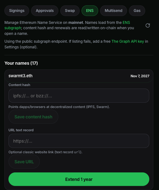 ENS tool showing swarmt3.eth with content hash, URL text record, and Extend 1 year