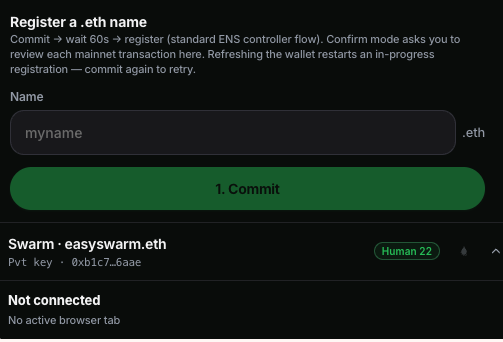 ENS register a .eth name form with a Commit button and the standard controller flow noted