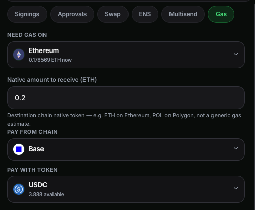 Gas station quoting 0.2 ETH on Ethereum paid from Base USDC