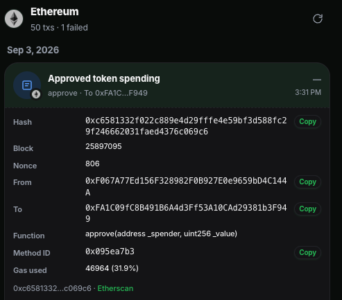 History tab showing an expanded Approved token spending transaction with copyable fields and an Etherscan link