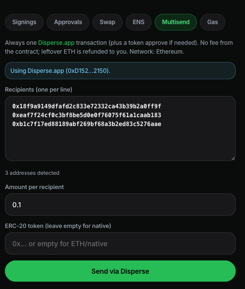 Multisend tool using Disperse.app with three recipient addresses and amount per recipient