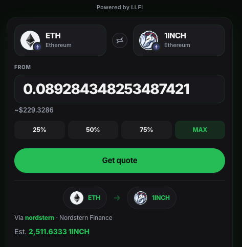 Swap tool quoting ETH to 1INCH via LI.FI with percent amount buttons and Get quote