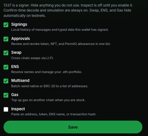 Tools settings with Signings, Approvals, Swap, ENS, Multisend, and Gas enabled, Inspect off